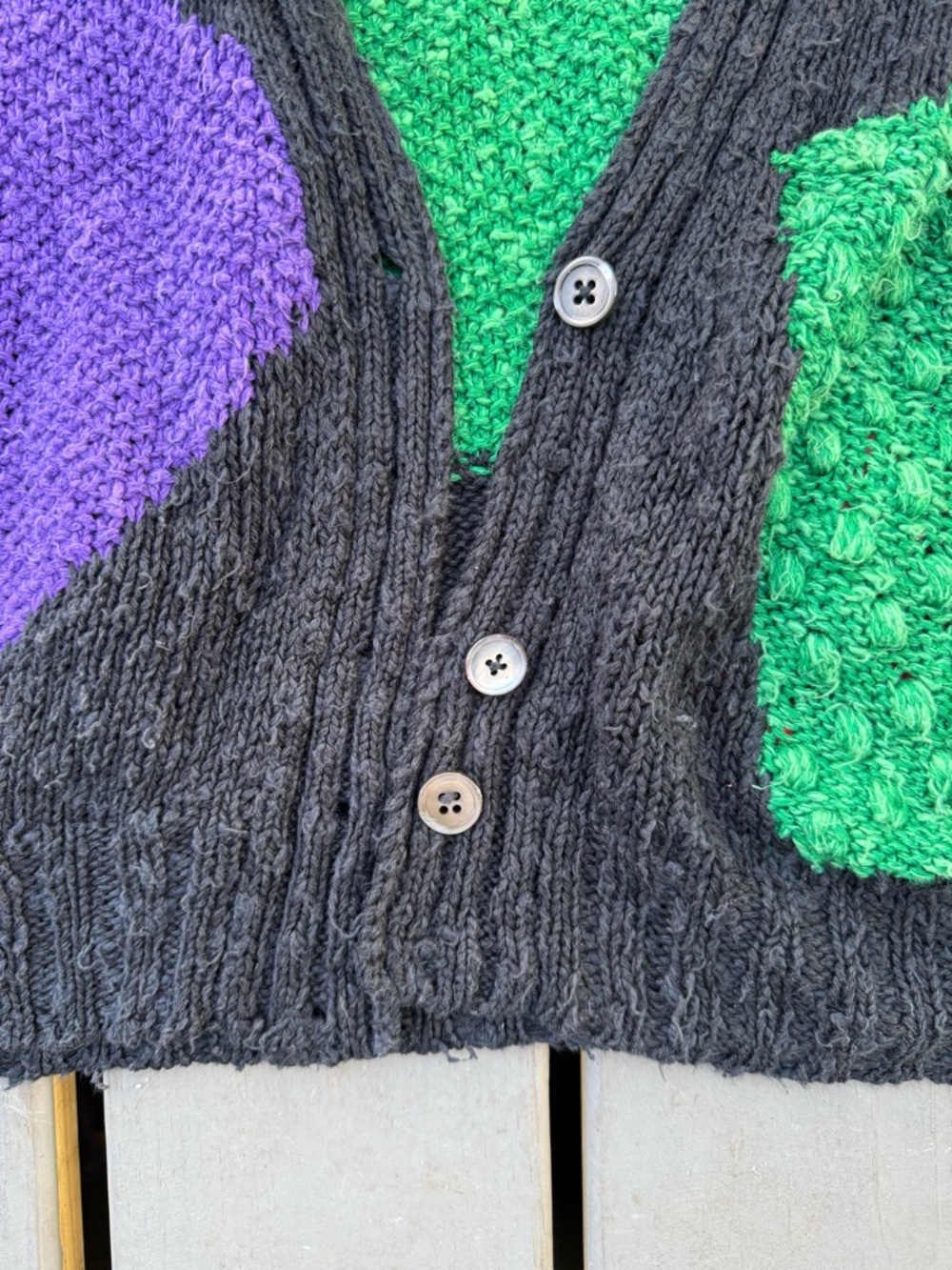 Vintage 80s Liz Claiborne Black Chunky V-Neck Cardigan with Colorblock Texture - Picture 3 of 7